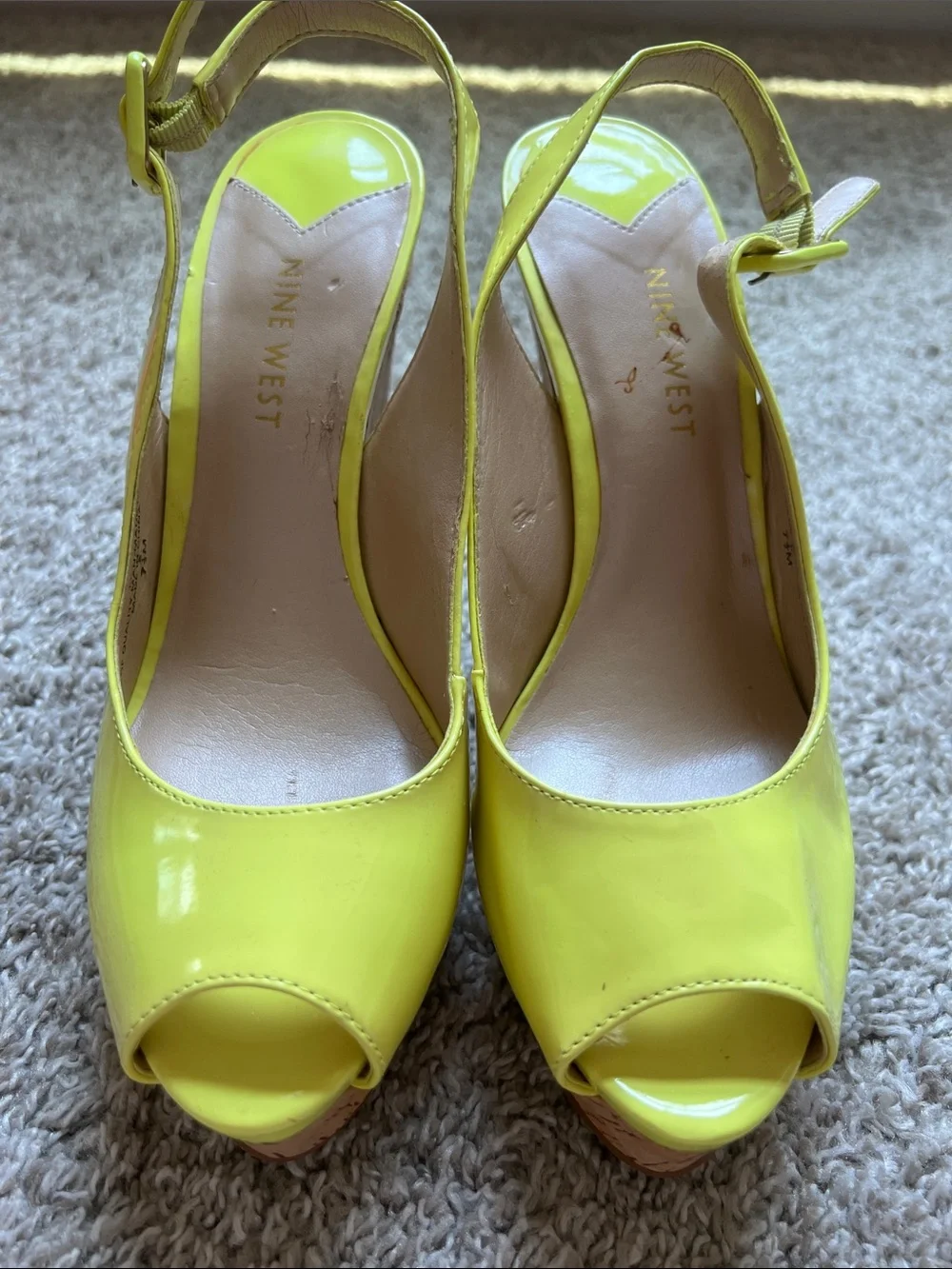 Nine West Bright Yellow Patent Peep-Toe Slingback Platforms